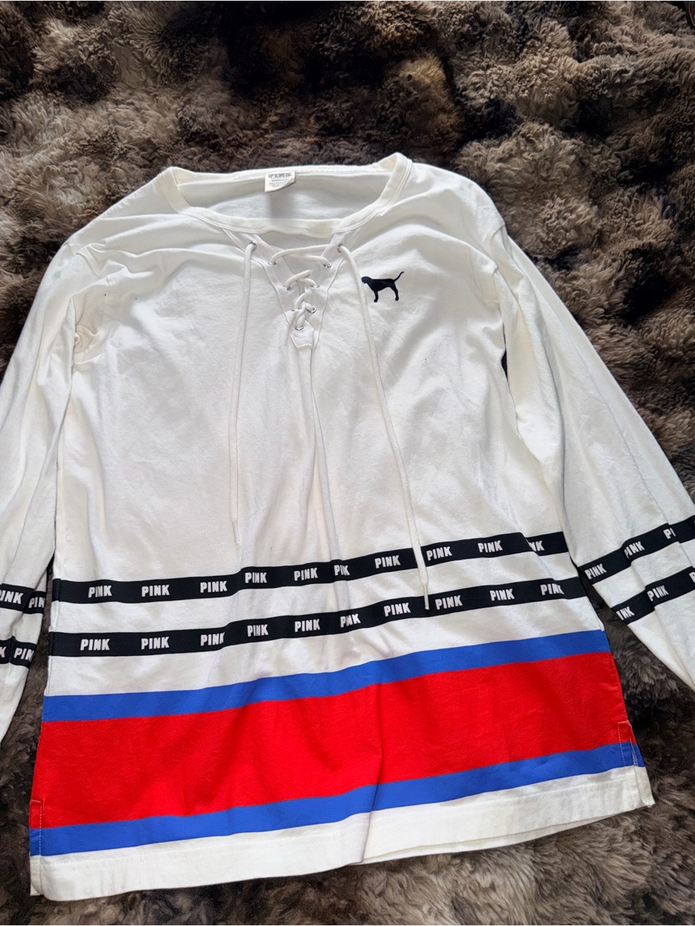 PINK Victoria's Secret White Long-Sleeve Lace-Up Tee with Red & Blue Stripes